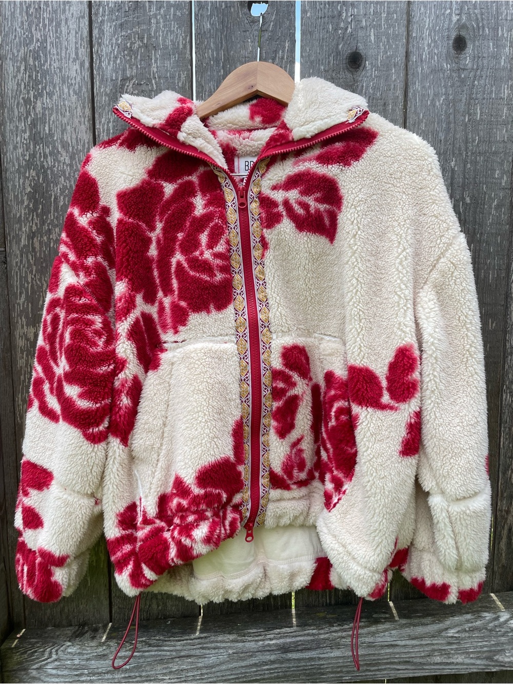 BDG Cream Sherpa Jacket with Red Floral Print—NWOT